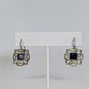 Sterling Silver Simulated Iolite Dangle Earrings 925 Vintage Artisan Filigree